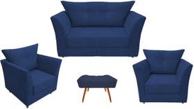 Kit Namoradeira + 2 Poltronas Decorativa Isis + 1 Puff Retangular Suede Azul Marinho Pés Madeira Ms Decor