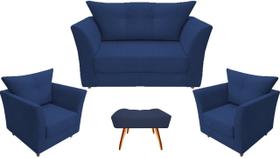 Kit Namoradeira + 2 Poltronas Decorativa Isis + 1 Puff Retangular Suede Azul Marinho Pés Madeira Mz Decor