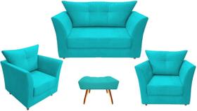 Kit Namoradeira + 2 Poltronas Decorativa Isis + 1 Puff Retangular Suede Azul Turquesa Pés Madeira Ms Decor