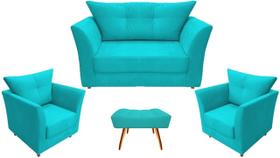 Kit Namoradeira + 2 Poltronas Decorativa Isis + 1 Puff Retangular Suede Azul Turquesa Pés Madeira Mz Decor