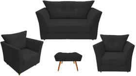 Kit Namoradeira + 2 Poltronas Decorativa Isis + 1 Puff Retangular Suede Preto Pés Madeira Ms Decor