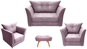 Kit Namoradeira + 2 Poltronas Decorativa Isis + 1 Puff Retangular Suede Rosê Pés Madeira Ms Decor