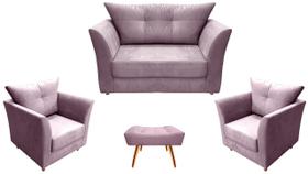 Kit Namoradeira + 2 Poltronas Decorativa Isis + 1 Puff Retangular Suede Rosê Pés Madeira Mz Decor