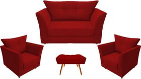 Kit Namoradeira + 2 Poltronas Decorativa Isis + 1 Puff Retangular Suede Vermelho Pés Madeira Mz Decor