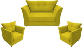 Kit Namoradeira + 2 Poltronas Decorativa Isis Couro Amarelo Pés Madeira Mz Decor