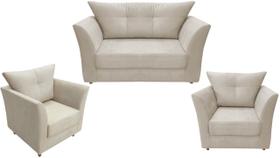 Kit Namoradeira + 2 Poltronas Decorativa Isis Couro Bege Pés Madeira Ms Decor