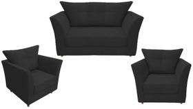 Kit Namoradeira + 2 Poltronas Decorativa Isis Couro Preto Pés Madeira Ms Decor