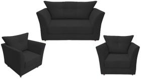 Kit Namoradeira + 2 Poltronas Decorativa Isis Couro Preto Pés Madeira Ms Decor