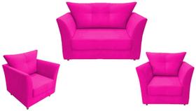 Kit Namoradeira + 2 Poltronas Decorativa Isis Couro Rosa Pink Pés Madeira Ms Decor