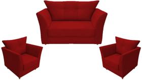 Kit Namoradeira + 2 Poltronas Decorativa Isis Suede Vermelho Pés Madeira Mz Decor