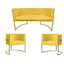 Kit Namoradeira + 2 Poltronas Decorativa Luana Suede Amarelo Base Dourarada Ms Decor