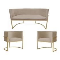 Kit Namoradeira + 2 Poltronas Decorativa Luana Suede Capuccino Base Dourarada Ms Decor