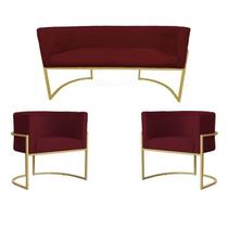 Kit Namoradeira + 2 Poltronas Decorativa Luana Suede Marsala Base Dourarada Ms Decor Kit Namoradeira + 2 Poltronas Decorativa Luana Suede Marsala Base Dourarada Ms Decor