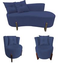 Kit Namoradeira + 2 Poltronas Decorativa Luna Couro Azul Marinho