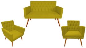 Kit Namoradeira + 2 Poltronas Decorativa Nina Capitonê Couro Amarelo Pés Madeira Ms Decor