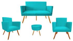 Kit Namoradeira + 2 Poltronas Decorativa Nina + Puff Redondo Suede Azul Turquesa Pés Madeira Ms Decor