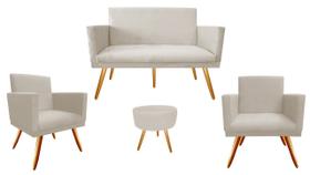 Kit Namoradeira + 2 Poltronas Decorativa Nina + Puff Redondo Suede Bege Pés Madeira Ms Decor