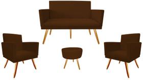 Kit Namoradeira + 2 Poltronas Decorativa Nina + Puff Redondo Suede Marrom Pés Madeira Mz Decor