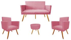 Kit Namoradeira + 2 Poltronas Decorativa Nina + Puff Redondo Suede Rosa Pés Madeira Mz Decor Kit Namoradeira + 2 Poltronas Decorativa Nina + Puff Redondo Suede Rosa Pés Madeira Mz Decor