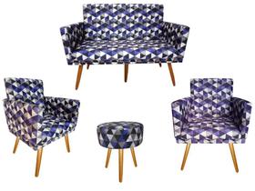 Kit Namoradeira + 2 Poltronas Decorativa Nina + Puff Redondo Suede Triângulo Roxo Pés Madeira Ms Decor