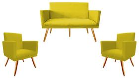 Kit Namoradeira + 2 Poltronas Decorativa Nina Suede Amarelo Pés Madeira Mz Decor Kit Namoradeira + 2 Poltronas Decorativa Nina Suede Amarelo Pés Madeira Mz Decor
