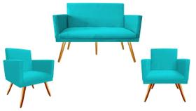 Kit Namoradeira + 2 Poltronas Decorativa Nina Suede Azul Turquesa Pés Madeira Ms Decor