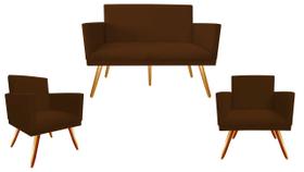Kit Namoradeira + 2 Poltronas Decorativa Nina Suede Marrom Pés Madeira Ms Decor