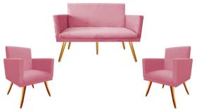 Kit Namoradeira + 2 Poltronas Decorativa Nina Suede Rosa Pés Madeira Mz Decor Kit Namoradeira + 2 Poltronas Decorativa Nina Suede Rosa Pés Madeira Mz Decor