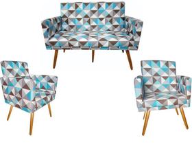 Kit Namoradeira + 2 Poltronas Decorativa Nina Suede Triângulo Azul Pés Madeira Ms Decor