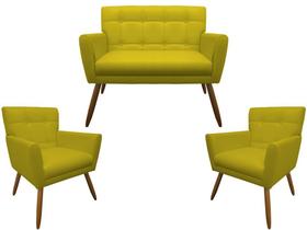 Kit Namoradeira + 2 Poltronas Decorativa Onix Couro Amarelo Pés Madeira Mz Decor