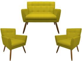 Kit Namoradeira + 2 Poltronas Decorativa Onix Couro Amarelo Pés Madeira Mz Decor