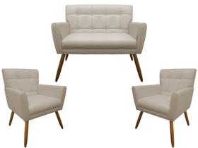 Kit Namoradeira + 2 Poltronas Decorativa Onix Couro Bege Pés Madeira Mz Decor