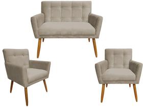 Kit Namoradeira + 2 Poltronas Decorativa Onix Suede Bege Pés Madeira Ms Decor