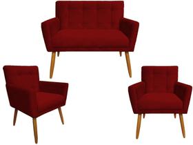 Kit Namoradeira + 2 Poltronas Decorativa Onix Suede Vermelho Pés Madeira Ms Decor Kit Namoradeira + 2 Poltronas Decorativa Onix Suede Vermelho Pés Madeira Ms Decor