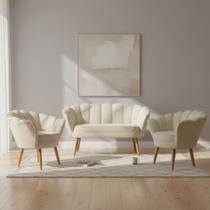 Kit Namoradeira + 2 Poltronas Decorativa Pétala Couro Bege Pés Madeira Mz Decor