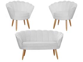 Kit Namoradeira + 2 Poltronas Decorativa Pétala Couro Branco Pés Madeira Ms Decor