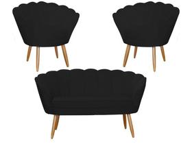 Kit Namoradeira + 2 Poltronas Decorativa Pétala Couro Preto Pés Madeira Ms Decor