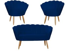 Kit Namoradeira + 2 Poltronas Decorativa Pétala Suede Azul Marinho Pés Madeira Ms Decor