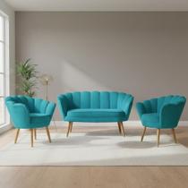 Kit Namoradeira + 2 Poltronas Decorativa Pétala Suede Azul Turquesa Pés Madeira Mz Decor