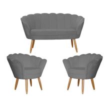 Kit Namoradeira + 2 Poltronas Decorativa Pétala Suede Cinza Pés Madeira Mz Decor