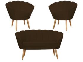 Kit Namoradeira + 2 Poltronas Decorativa Pétala Suede Marrom Pés Madeira Ms Decor