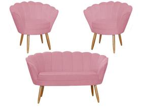 Kit Namoradeira + 2 Poltronas Decorativa Pétala Suede Rosa Pés Madeira Ms Decor