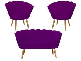 Kit Namoradeira + 2 Poltronas Decorativa Pétala Suede Roxo Pés Madeira Ms Decor
