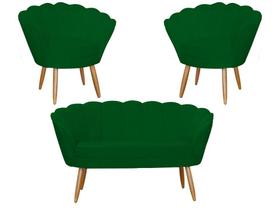 Kit Namoradeira + 2 Poltronas Decorativa Pétala Suede Verde Pés Madeira Ms Decor