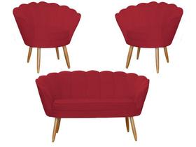 Kit Namoradeira + 2 Poltronas Decorativa Pétala Suede Vermelho Pés Madeira Ms Decor