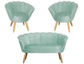 Kit Namoradeira + 2 Poltronas Decorativa Pétala Veludo Acqua Pés Madeira Ms Decor