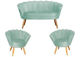 Kit Namoradeira + 2 Poltronas Decorativa Pétala Veludo Acqua Pés Madeira Mz Decor