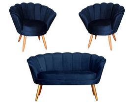 Kit Namoradeira + 2 Poltronas Decorativa Pétala Veludo Azul Marinho Pés Madeira Ms Decor