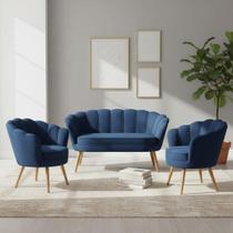 Kit Namoradeira + 2 Poltronas Decorativa Pétala Veludo Azul Marinho Pés Madeira Mz Decor