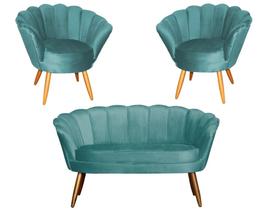 Kit Namoradeira + 2 Poltronas Decorativa Pétala Veludo Azul Turquesa Pés Madeira Ms Decor